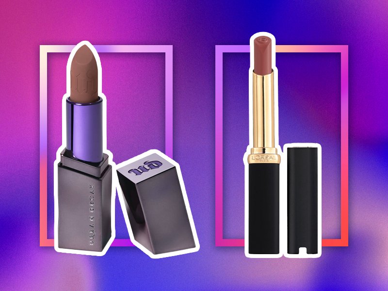Collage of Urban Decay Vice Lipstick and L’Oréal Paris Colour Riche Intense Volume Matte Lipstick on a pink and purple background