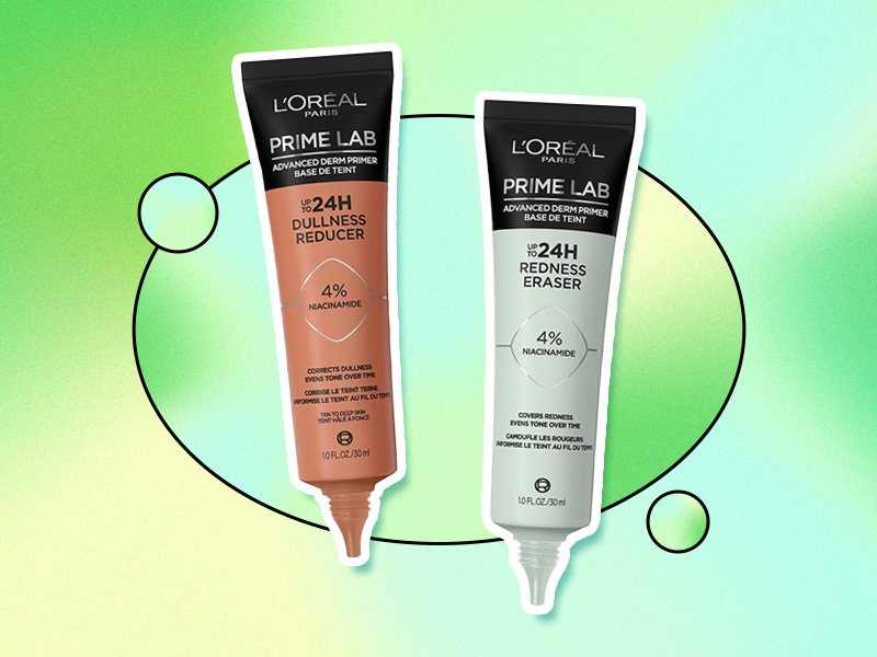 L’Oréal Paris Prime Lab Up to 24H Dullness Reducer and L’Oréal Paris Prime Lab Up to 24H Matte Setter on a green background