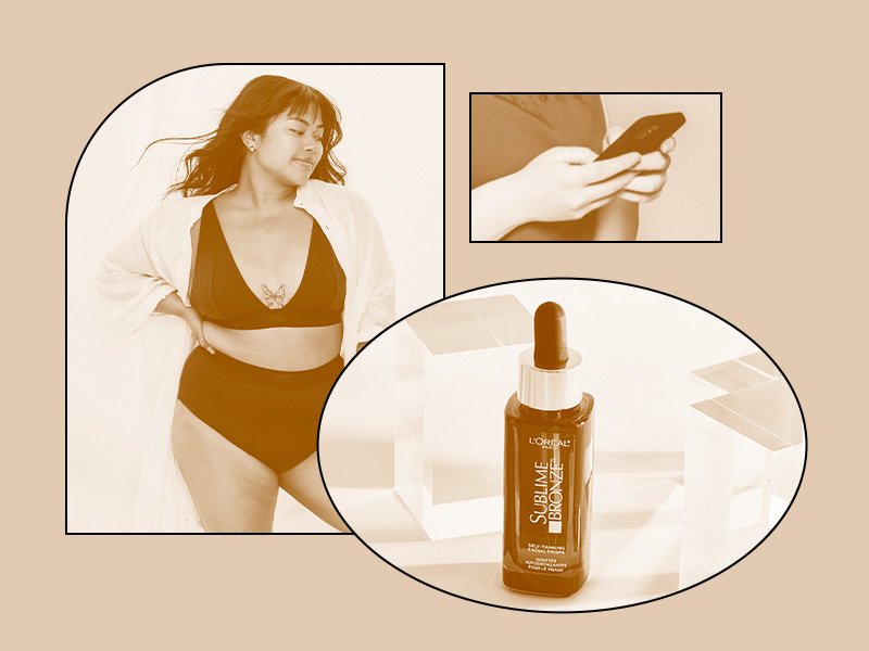 Collage of images of close-up shot of a person holding their phone, the L’Oréal Paris Sublime Bronze Self-Tanning Facial Drops and a person posing in a black bra and underwear