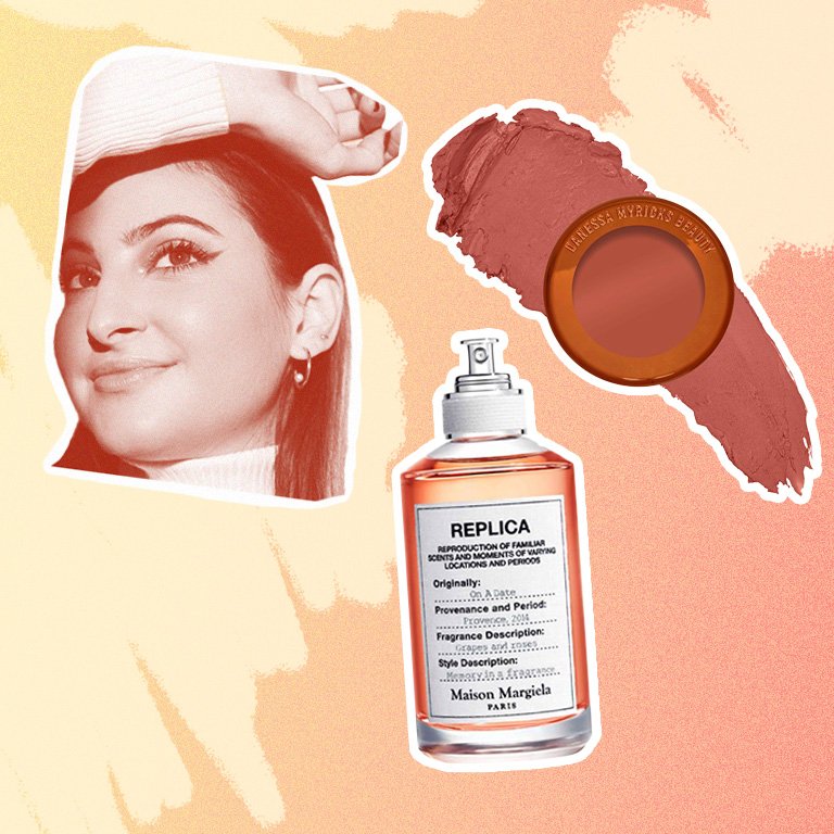 danessa myricks blurring blush and maison margiela replica on a date perfume collaged onto an orange background with a photo of alanna