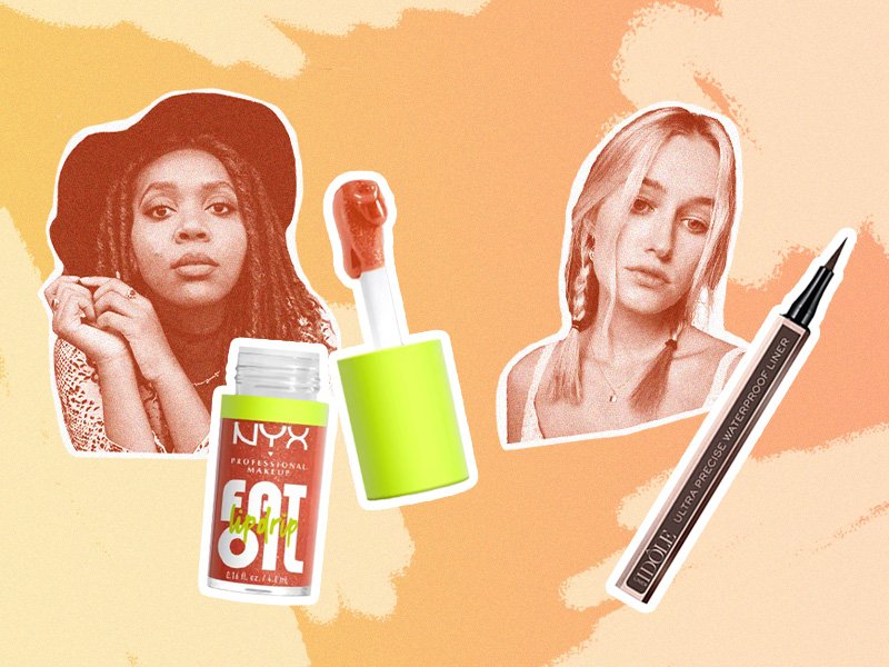 collage of editors on an orange background with the lancome liquid liner and nyx professional makeup fat lip oil