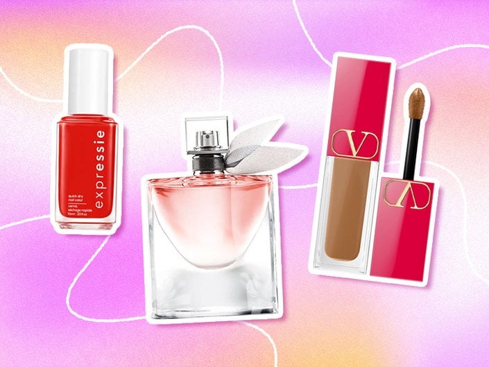 A picture of Essie Expressie, Lancôme La Vie Est Belle Eau de Parfum and Valentino Beauty Very Valentino Concealer on a purple gradient background