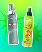 Garnier Fructis Grow Strong Thickening 10-in-1 Leave-In Spray and Kerastase Spray De Force Epaississant Thickening Spray on a green background