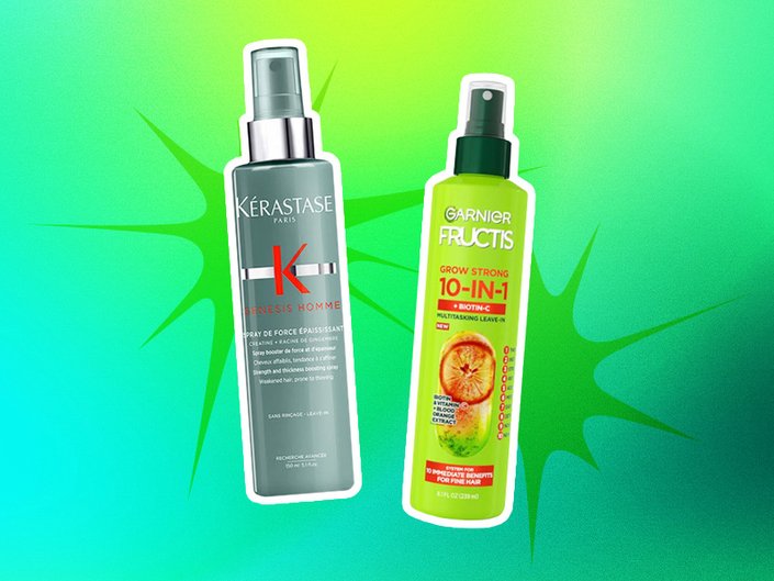 Garnier Fructis Grow Strong Thickening 10-in-1 Leave-In Spray and Kerastase Spray De Force Epaississant Thickening Spray on a green background