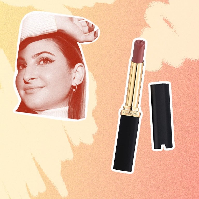 Collage of an image of Alanna and the L’Oréal Paris Colour Riche Intense Volume Matte Lipstick in Le Wood Nonchalant on an orange background