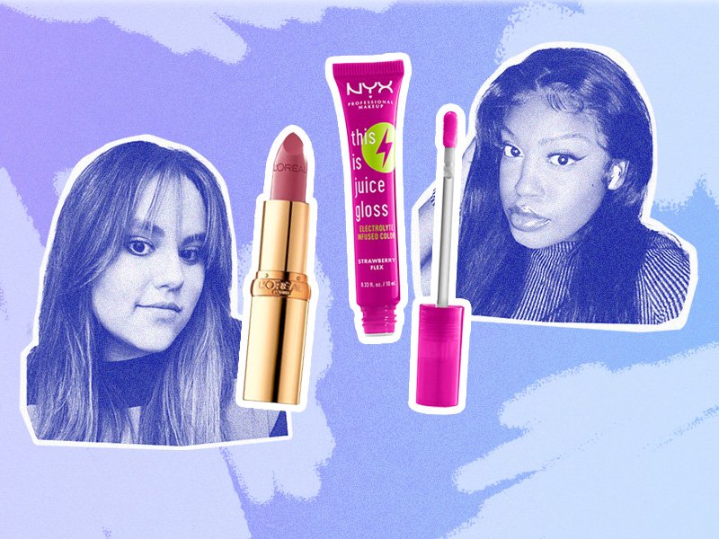 Photos of two editors on a blue graphic background with images of the NYX Professional Makeup This Is Juice Lip Gloss and the L’Oréal Paris Colour Riche Satin Lipstick.