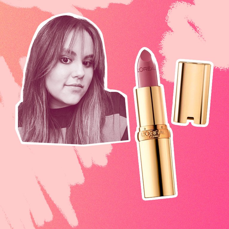 Collage of a photo of Reece and L’Oréal Paris Colour Riche Satin Lipstick in Saucy Mauve on a pink background