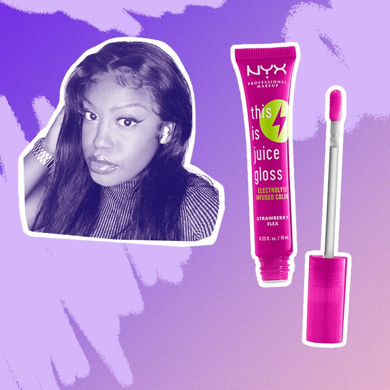 Collage of a photo of Sarah and the NYX Professional Makeup This Is Juice Gloss in Strawberry Flex on a purple background
