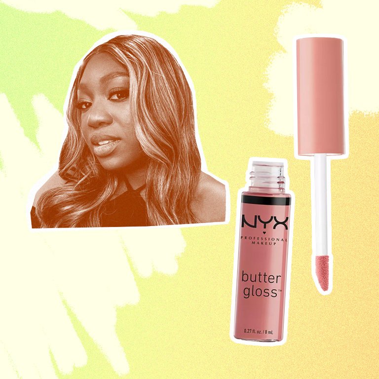 Collage of a photo of Témi and NYX Professional Makeup Butter Gloss Non-Sticky Lip Gloss in Tiramisu on a green and yellow background