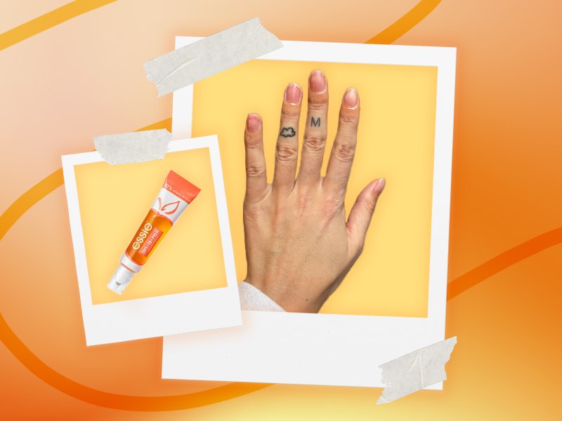 Collage of the Essie On a Roll Apricot Nail & Cuticle Oil and a photo of the editor's hand with bare nails and the cuticle oil applied, against an orange background