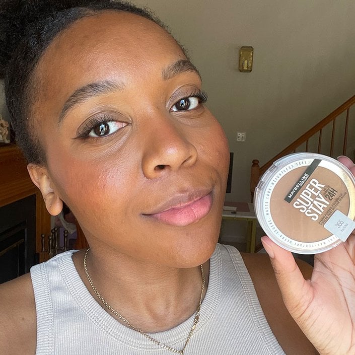 Kat wearing the Maybelline New York Super Stay Up to 24HR Hybrid-Powder Foundation in 355