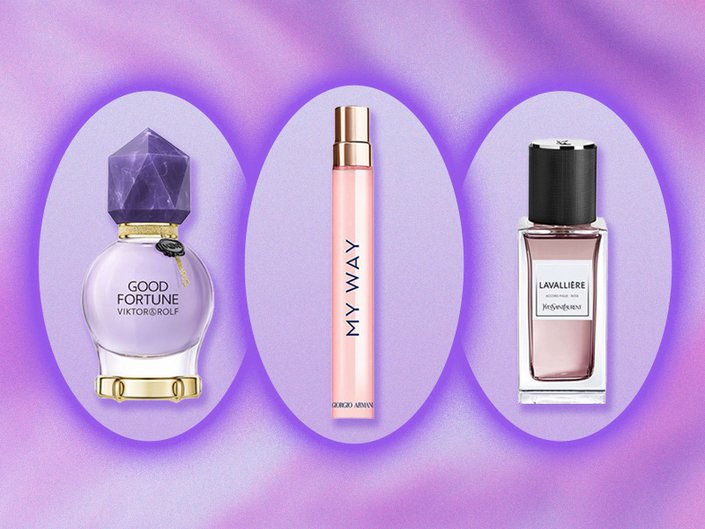 A picture of the Viktor & Rolf Good Fortune Eau de Parfum, Giorgio Armani Beauty My Way Eau de Parfum and YSL Beauty Lavalliére - Le Vestiaire Des Parfums on a graphic purple background