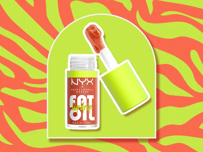 Picture of the NYX Professional Makeup Fat Oil Lip Drip on a neon green and orange zebra print background