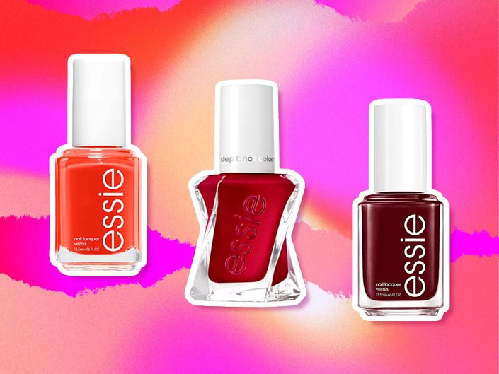 Picture of three Essie red nail polishes on a pink graphic background