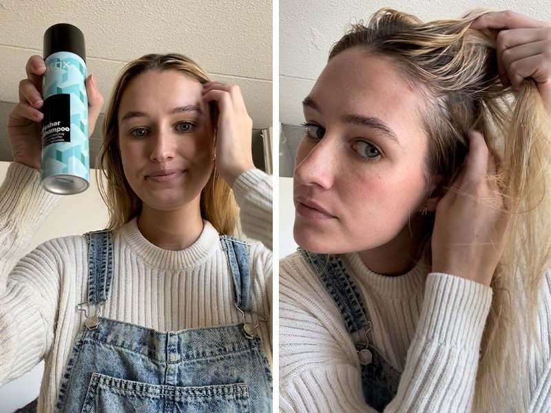 Side-by-side photos of editor before applying the Matrix Refresher Dry Shampoo, including a close-up of her oily roots