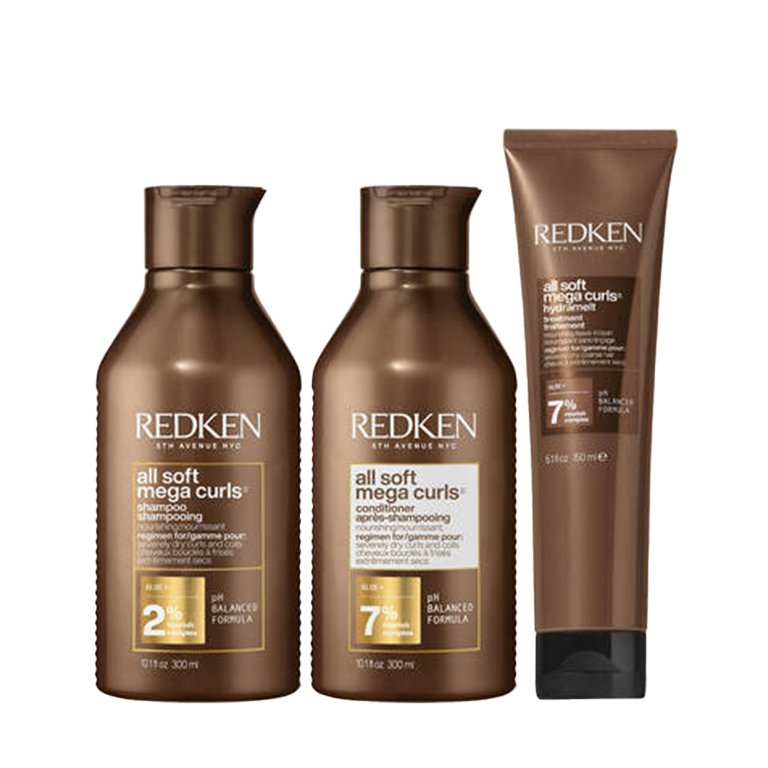 redken soft curls shampoo, conditioner and treatment bottles