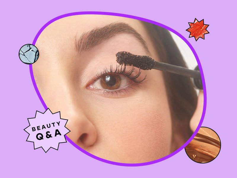 Close-up image of a person with brown eyes applying mascara to their eyelashes, collaged on a purple background with graphic designs and the Beauty Q&A logo