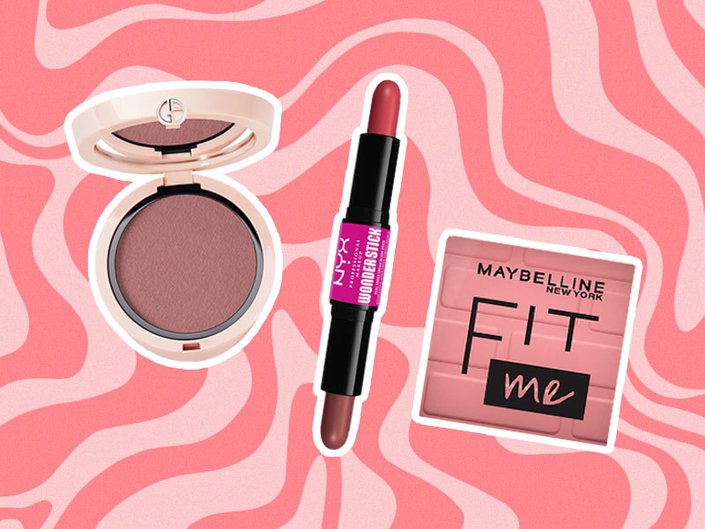 pink matte blushes collaged onto a swirling pink background