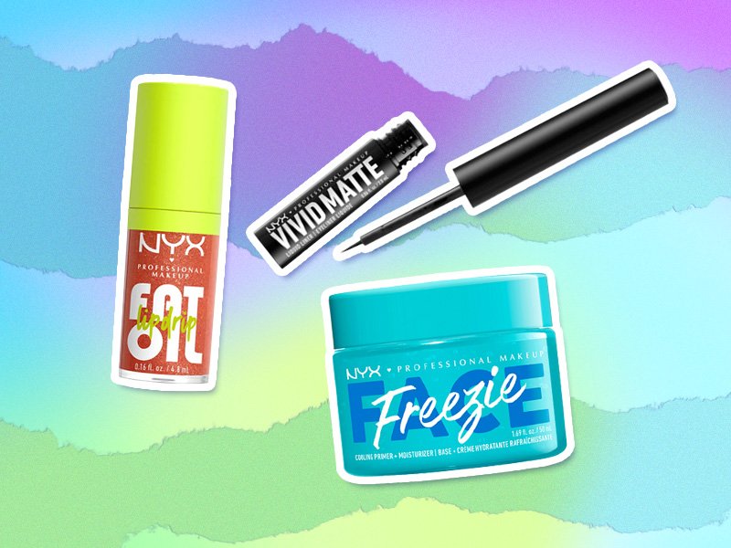 Picture of NYX Professional Makeup Fat Oil Lip Drip, NYX Professional Makeup Vivid Matte Liquid Liner and NYX Professional Makeup Face Freezie Cooling Primer + Moisturizer on a multicolored graphic background