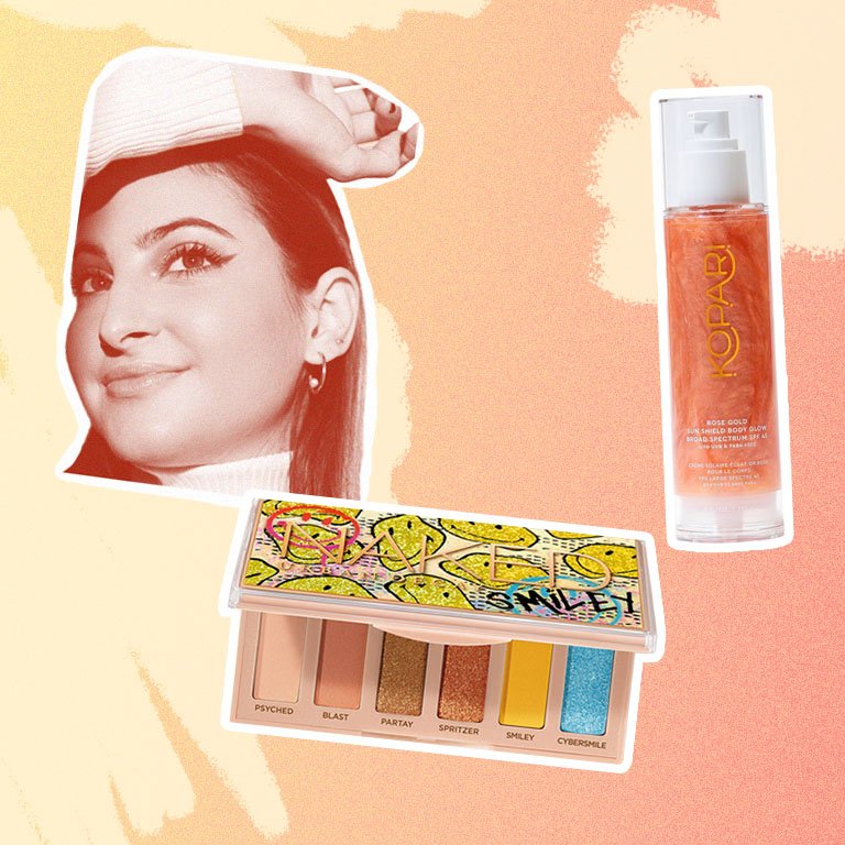 alanna collaged onto a peach background with the urban decay smile palette and the kopari SPF oil