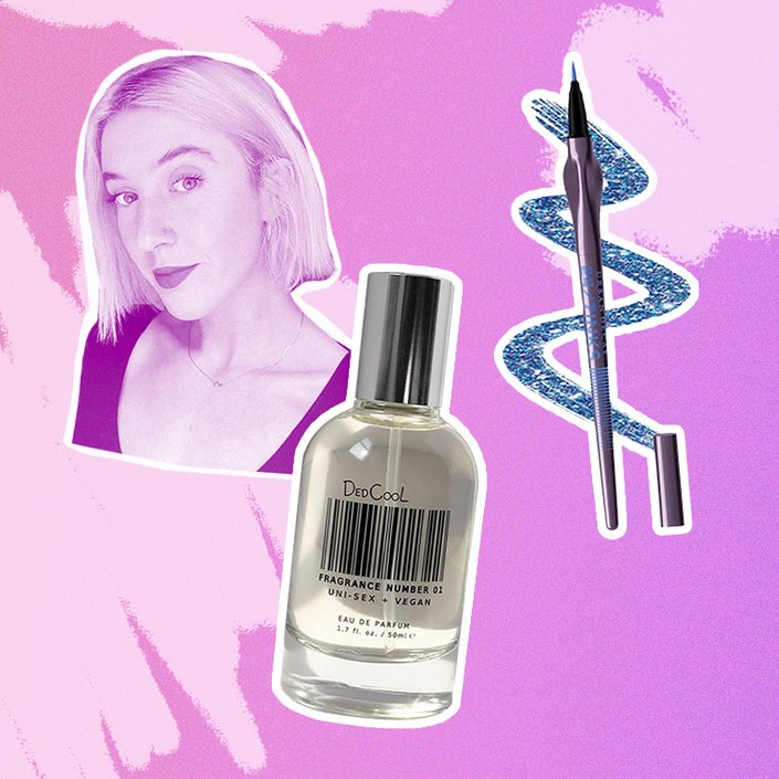 ariel collaged on a pink background with Urban Decay 24/7 Inks Liquid Eyeliner and the dedcool fragrance