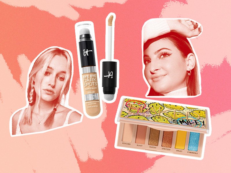 collage of alanna and jordan with the it cosmetics concealer and the urban decay naked smile palette on a pink background