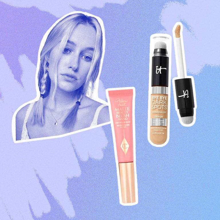 jordan collaged onto a blue background with the it cosmetics concealer and the charlotte tilbury blush