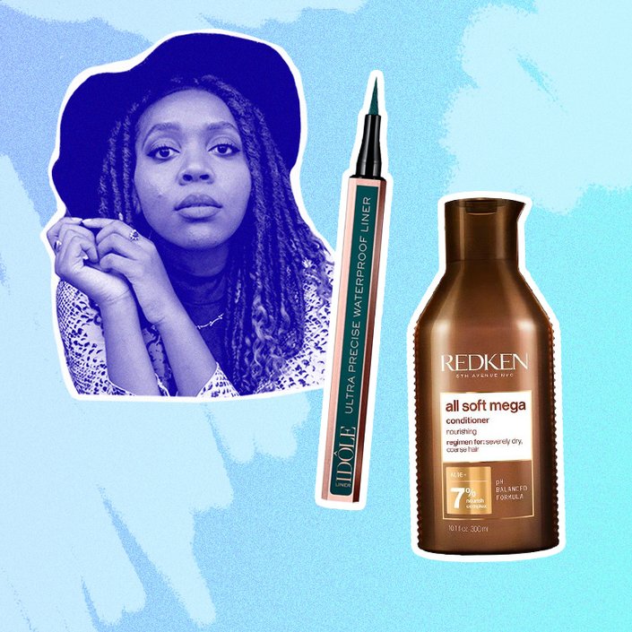 kat collaged onto a blue background with the lancome idole liner and the redken curls conditioner