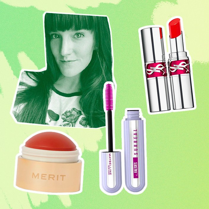 victoria collaged onto a green background with the ysl candy glaze lipstick, maybelline surreal mascara and merit flush balm