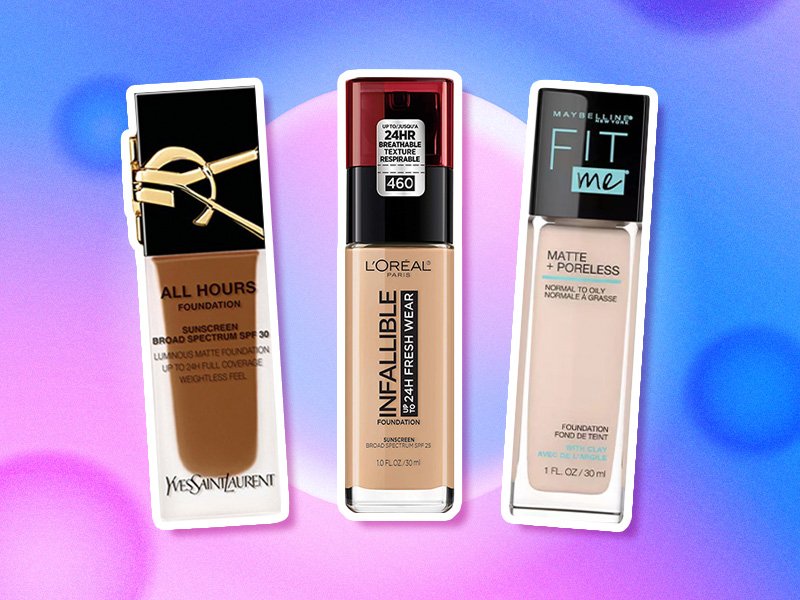 Picture of the YSL Beauty All Hours Foundation, L'Oréal Paris Infallible Fresh Wear 24HR Foundation and the Maybelline New York Fit Me Matte + Poreless Liquid Foundation on a blue and purple graphic background