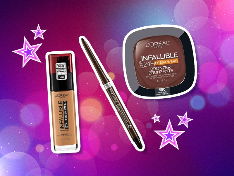 L’Oréal Paris Infallible 24H Fresh Wear Foundation, L’Oréal Paris Infallible Grip Mechanical Gel Eyeliner and L’Oréal Paris Infallible Up to 24H Fresh Wear Soft Matte Bronzer collaged on a sparkly pink and purple background