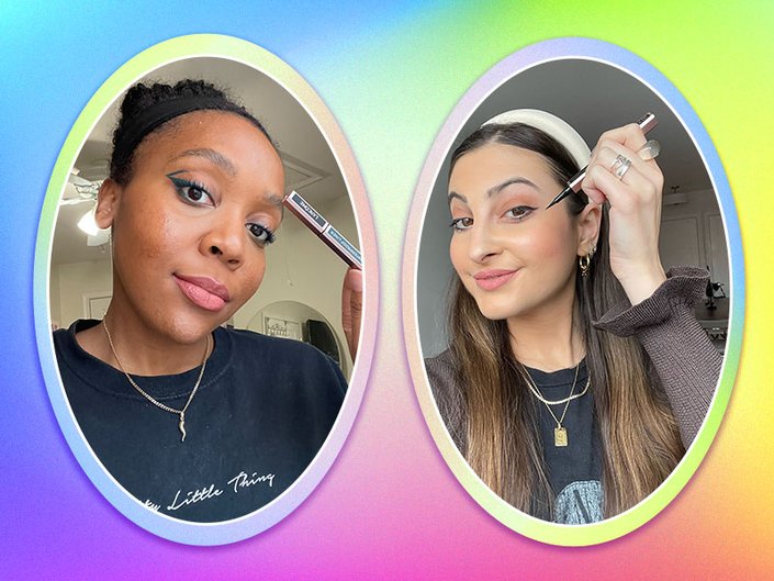 Collage of selfies of editors wearing and holding up the Lancôme Idôle Liners on a rainbow tie-dye background