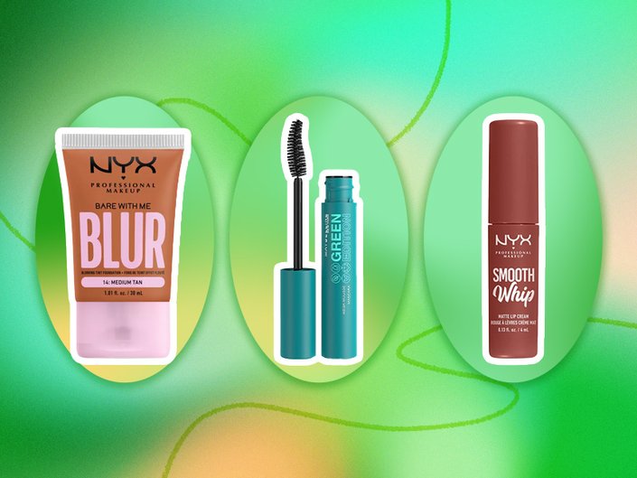 NYX blur tint, maybelline green edition mascara, and nyx professional makeup smooth whip matte lip cream collaged onto a bright green graphic background
