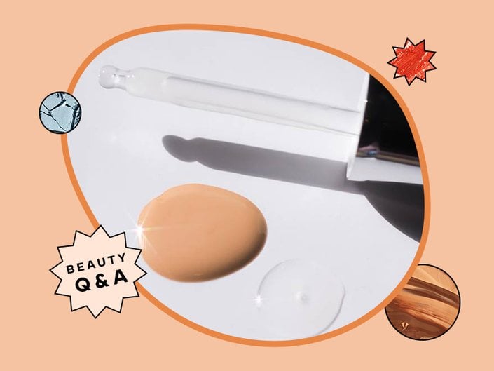 Picture of a dropper surrounded by foundation and serum swatches