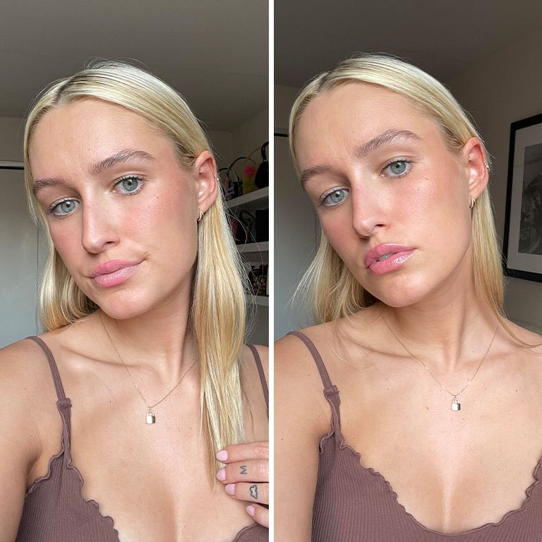Side by side photos of editor with lip liner drawn on lips and then the completed lip look with liner and gloss