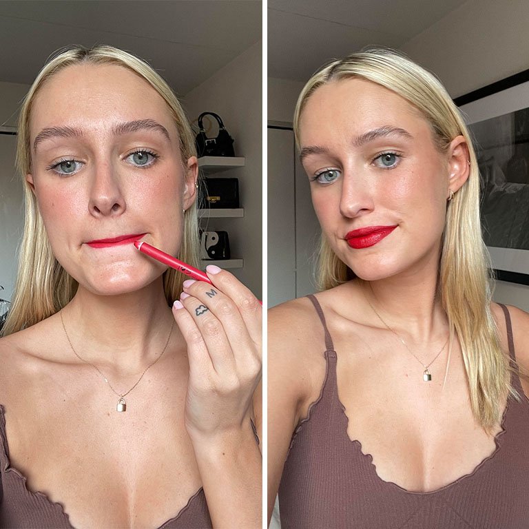 Side-by-side photos of editor with lips pressed together holding up red lip liner to lips and with a full red lip
