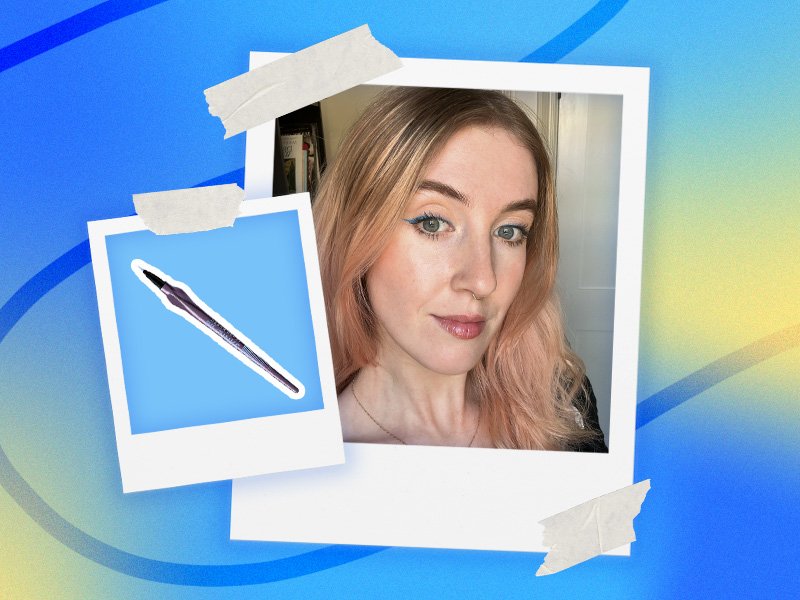 Photo of an editor wearing winged liner and a photo of the Urban Decay 24/7 Inks Liquid Eyeliner on a blue background