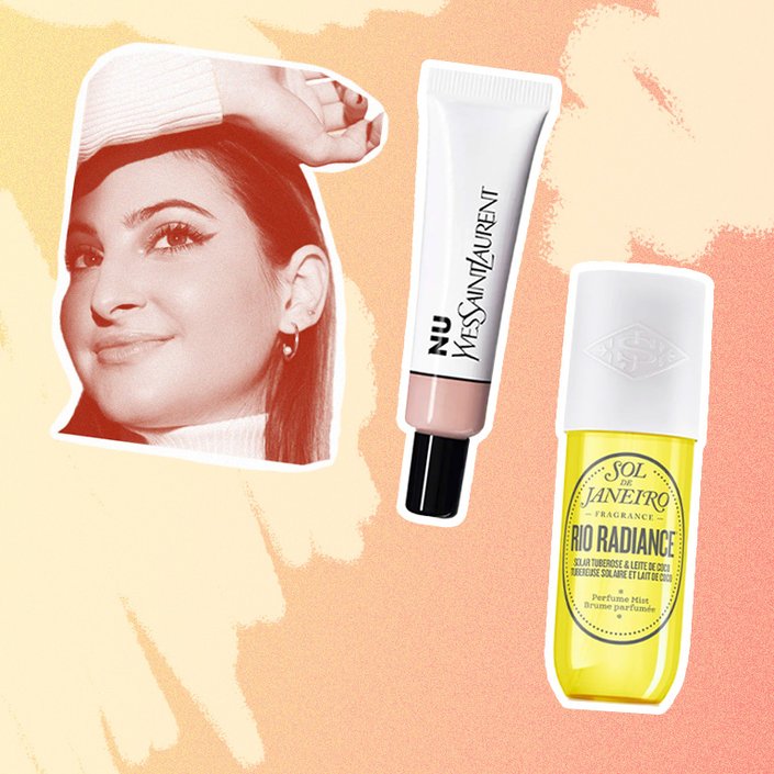 photo of alanna collaged onto an orange background with the ysl nu halo tint highlighter and the sol de janeiro rio radiance perfume mist
