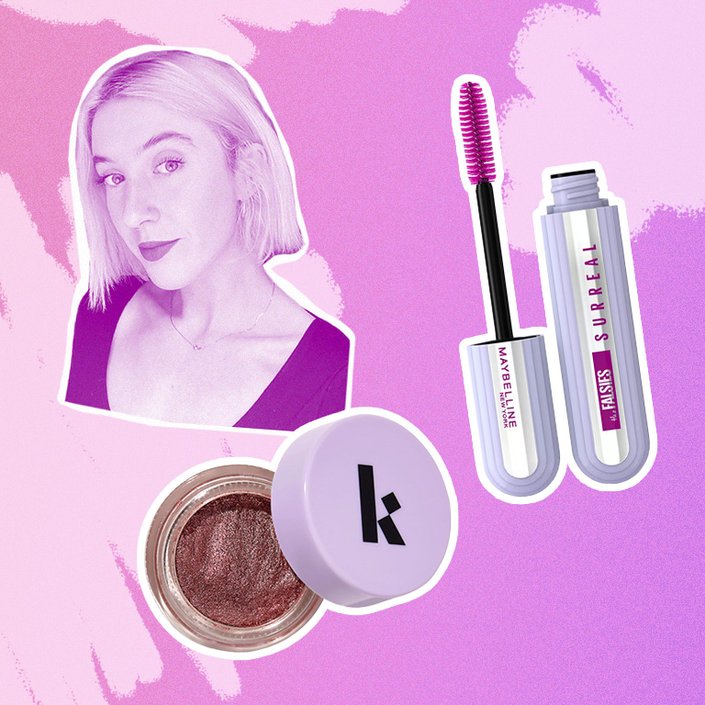 photo of ari collaged onto a pink background with the maybelline falsies surreal mascara and the kulfi zari eyes eyeshadow