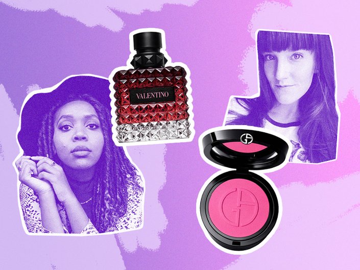 collage of kat and victorias photos with the valentino perfume and the armani silk blush