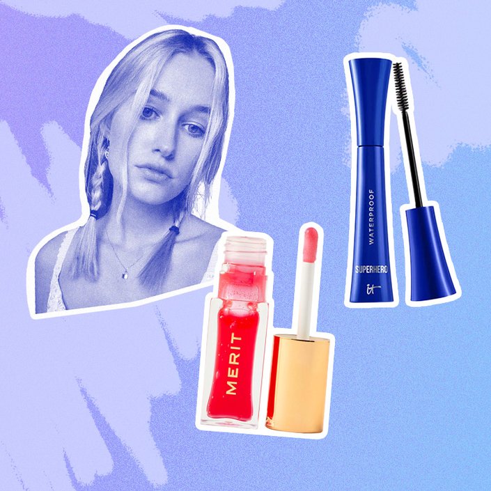 photo of jordan collaged onto a blue background with the itc waterproof mascara and the merit shade slick gelee