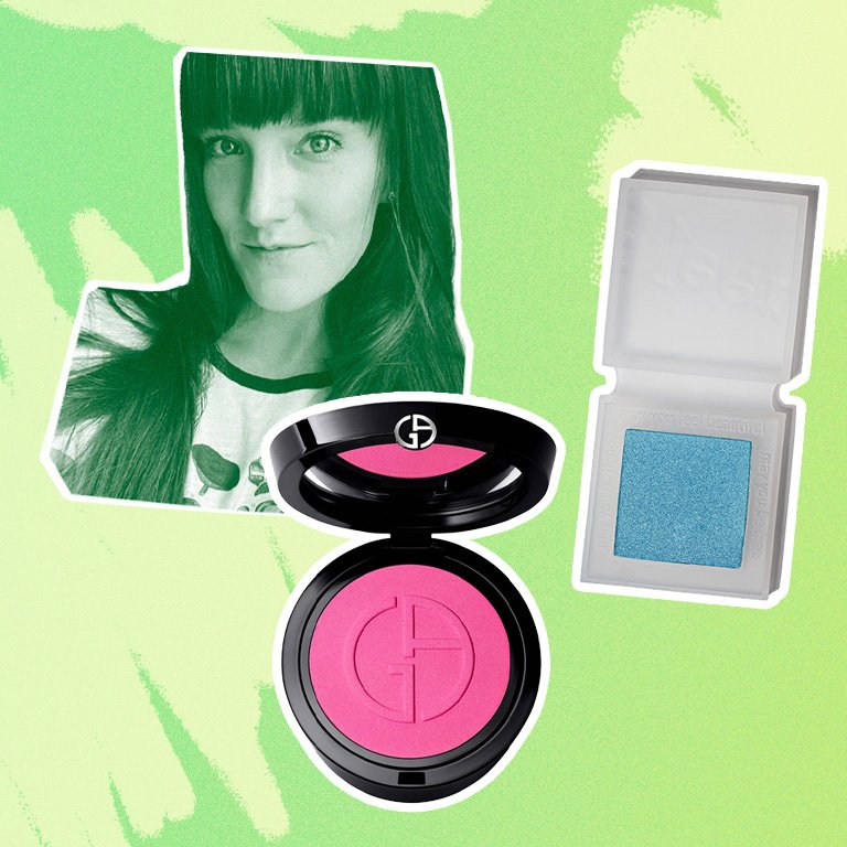 collage of victoria's picture on a green background with the Giorgio Armani Beauty Luminous Silk Glow Blush and the neen pretty shady shimmer eyeshadow