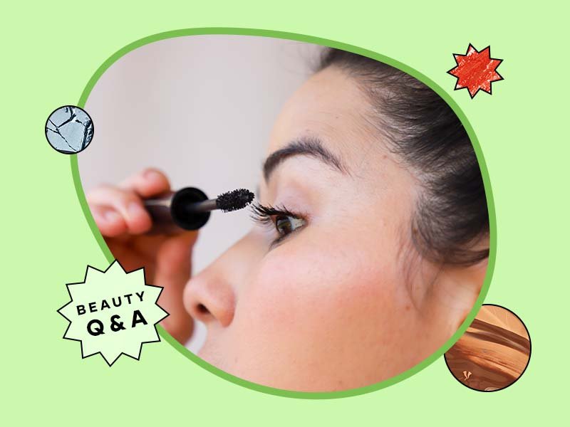 Close-up picture of a person applying mascara on a green graphic background, with a sticker that reads “Beauty Q&A”