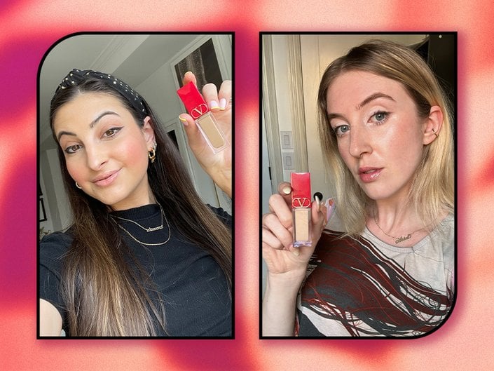 collage of ariel and alanna holding the valentino beauty concealer on a pink tie dye background
