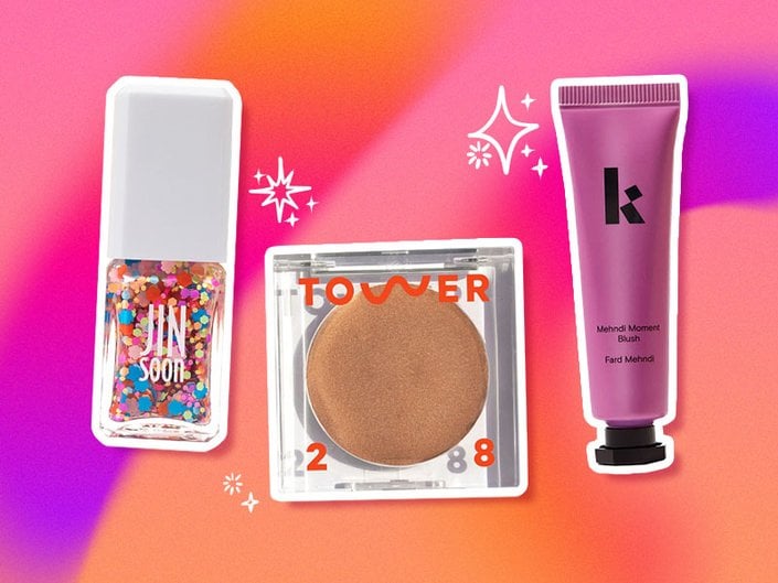JINSoon Daisy Nail Polish, Tower 28 Bronzino Illuminating Cream Bronzer and Kulfi Mehndi Moment Cream Blush collaged on a pink and orange background