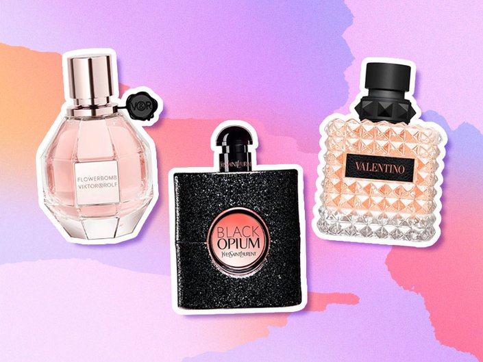Collage of Viktor & Rolf Flowerbomb Eau de Parfum, YSL Beauty Black Opium Eau de Parfum and Valentino Beauty Donna Born in Roma Coral Fantasy Eau de Parfum on a pink and purple background