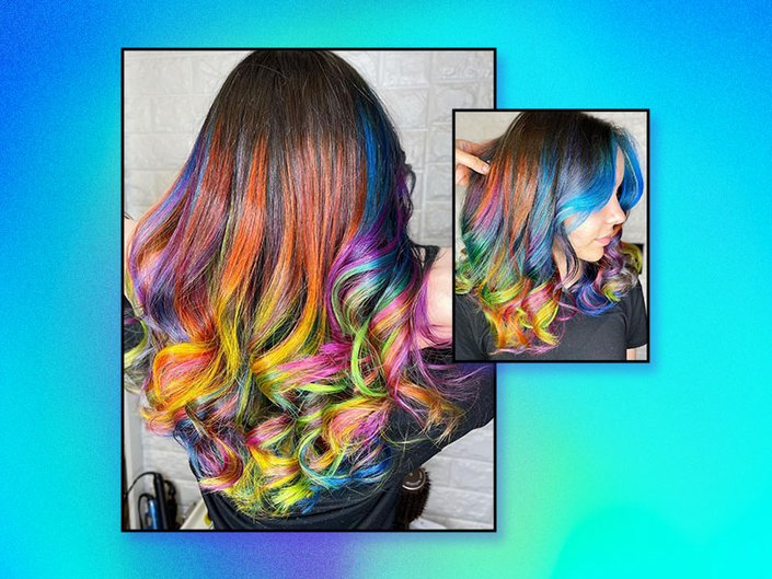 Two pictures of a person with orange, purple, blue, yellow, pink, black and green hair on a multicolored graphic background