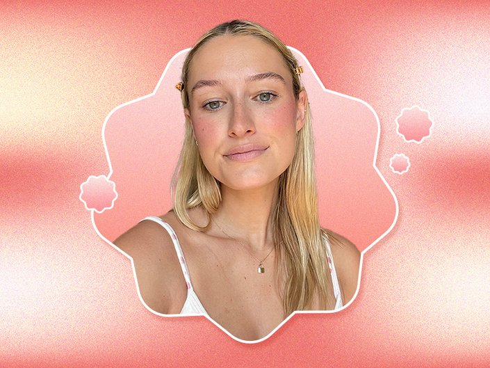 Selfie of editor wearing pink lip gloss as blush collaged on a pink tie dye background