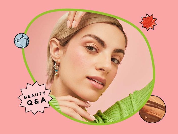 Image of a model, with full dark brows looking at the camera, on a melon-colored graphic background, with a sticker that says Beauty Q&A
