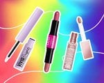 Picture of the NYX Professional Makeup Vivid Brights Colored Liquid Eyeliner, Wonder Stick Blush and Ultimate Glow Shots in Grapefruit on a rainbow graphic background
